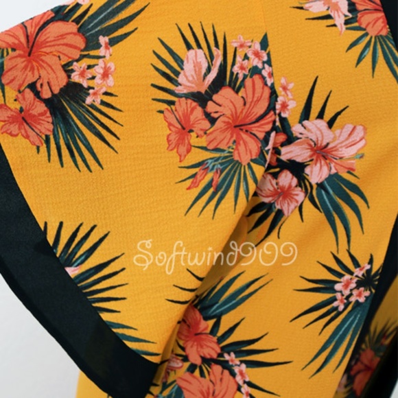 Mustard Yellow Tropical Floral Cover Up Kimono Top - Picture 5 of 8